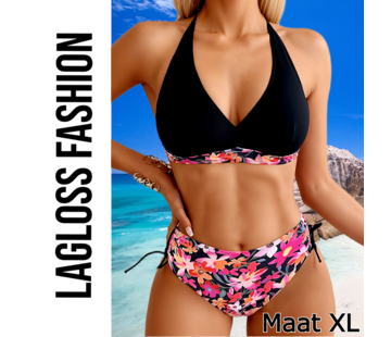 LaGloss 2-delige Bikini Set – Zwarte Top & Roze Bloemenprint Broekje – Maat XL