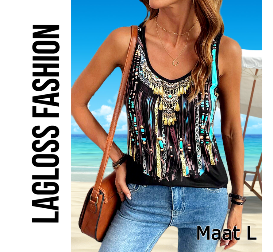 LaGloss® Tanktop Dames – All-over Kleurenprint - Mouwloos Ibiza Tuniek - Casual V-Hals Top - Maat L