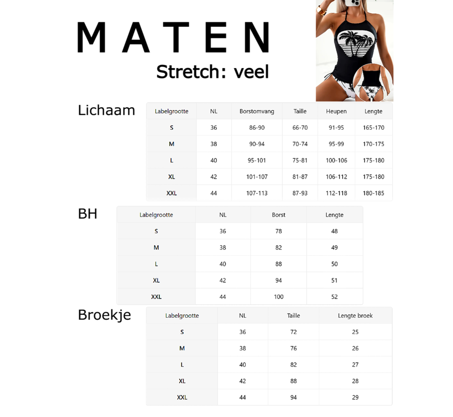 LaGloss® Tankini Set Zwart Wit Palmbomen – 2-Delige Badmode met High-Waist & Strikdetail – Maat L