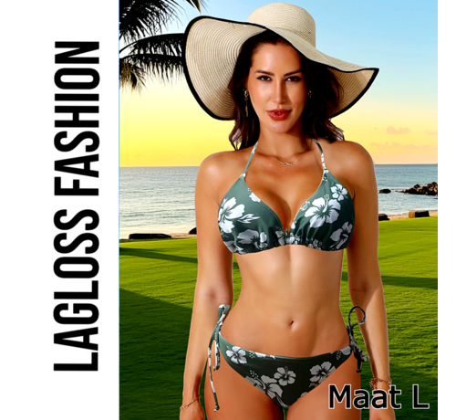 LaGloss LaGloss® Sexy Groene Bikini Set met Bloemenprint – 2-Delige Halter Nek Zwemkleding – Hoogelastisch & Elegant – Maat L