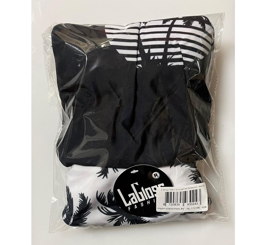 LaGloss® Tankini Set Zwart Wit Palmbomen – 2-Delige Badmode met High-Waist & Strikdetail – Maat M