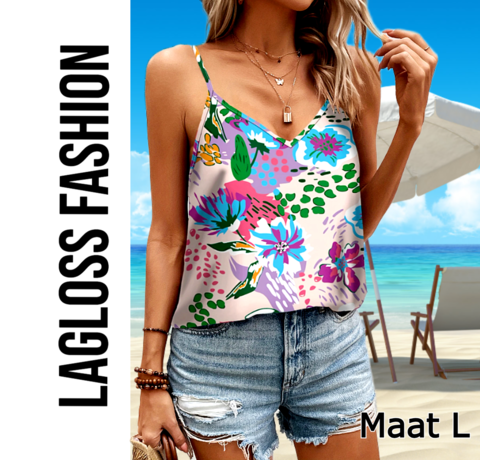 LaGloss LaGloss® Cami Tanktop Dames – V-hals Zomertop met Bloemenprint – Mouwloos & Stretchy Casual– Maat L