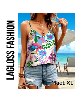 LaGloss Cami Tanktop Dames V-hals Zomertop met Bloemenprint – Maat XL