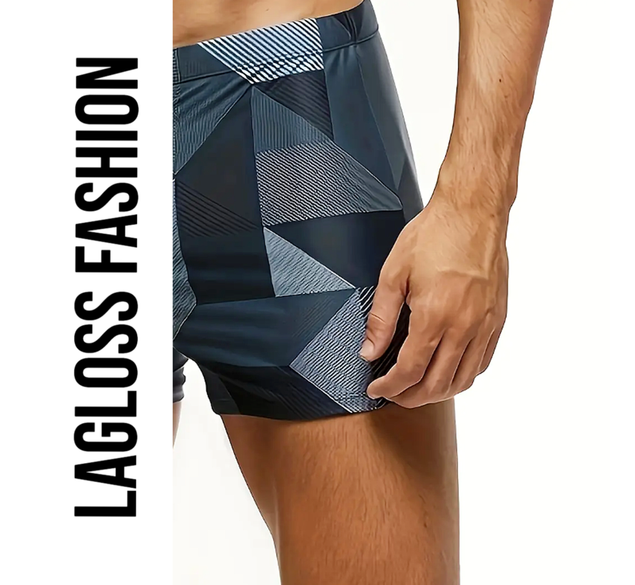 LaGloss® Heren Zwemshort Zwart Grijs – Lage Taille Zwembroek met Geometrisch Design – Maat XXL