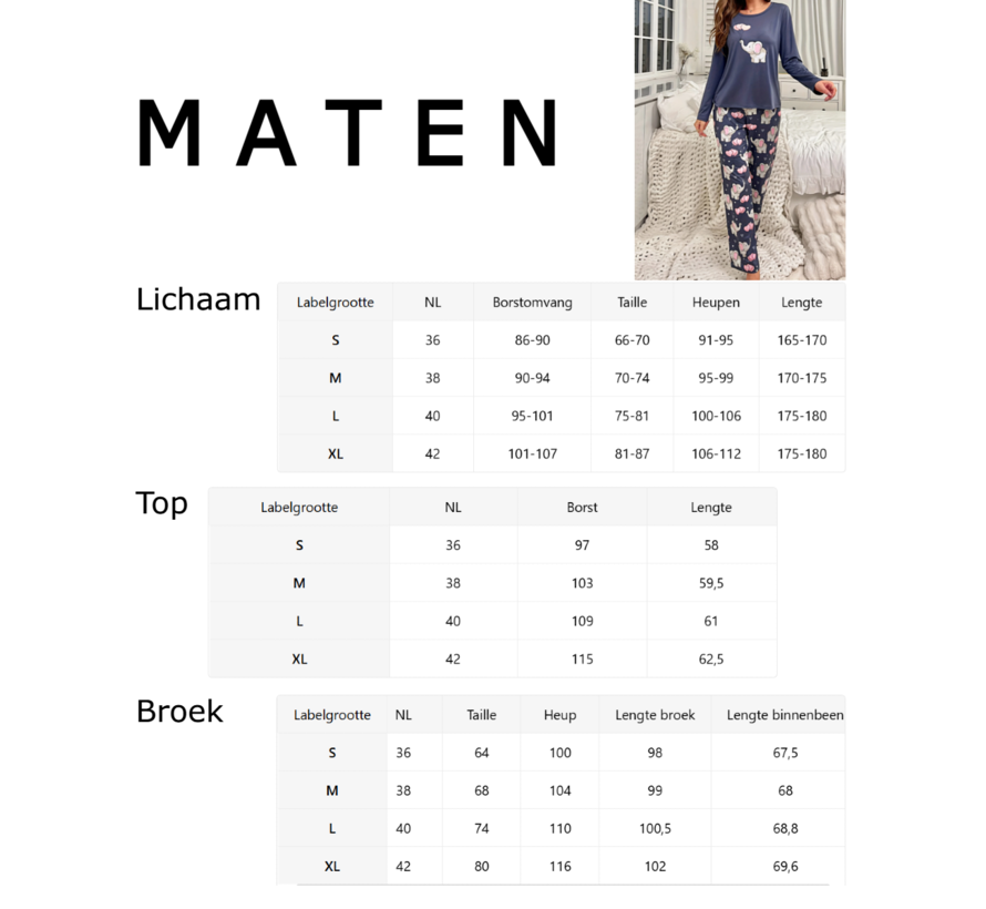 LaGloss® Dames Pyjama Set met Schattige Olifanten – Zacht Lounge- & Huispak Lange Mouwen All Season – Maat S