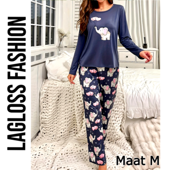 LaGloss Dames Pyjama Set met Schattige Olifanten – Maat M