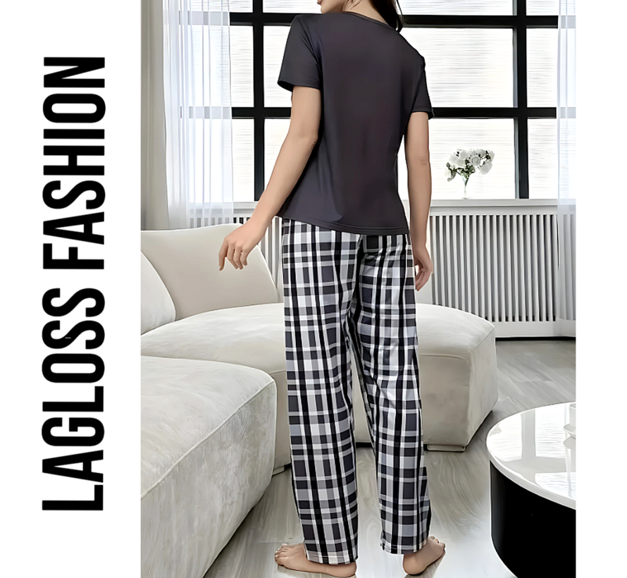 LaGloss® Pyjama Set voor Dames – Huispak met Geruite Broek – Zachte Lounge Pyjama Lente/Zomer Maat S