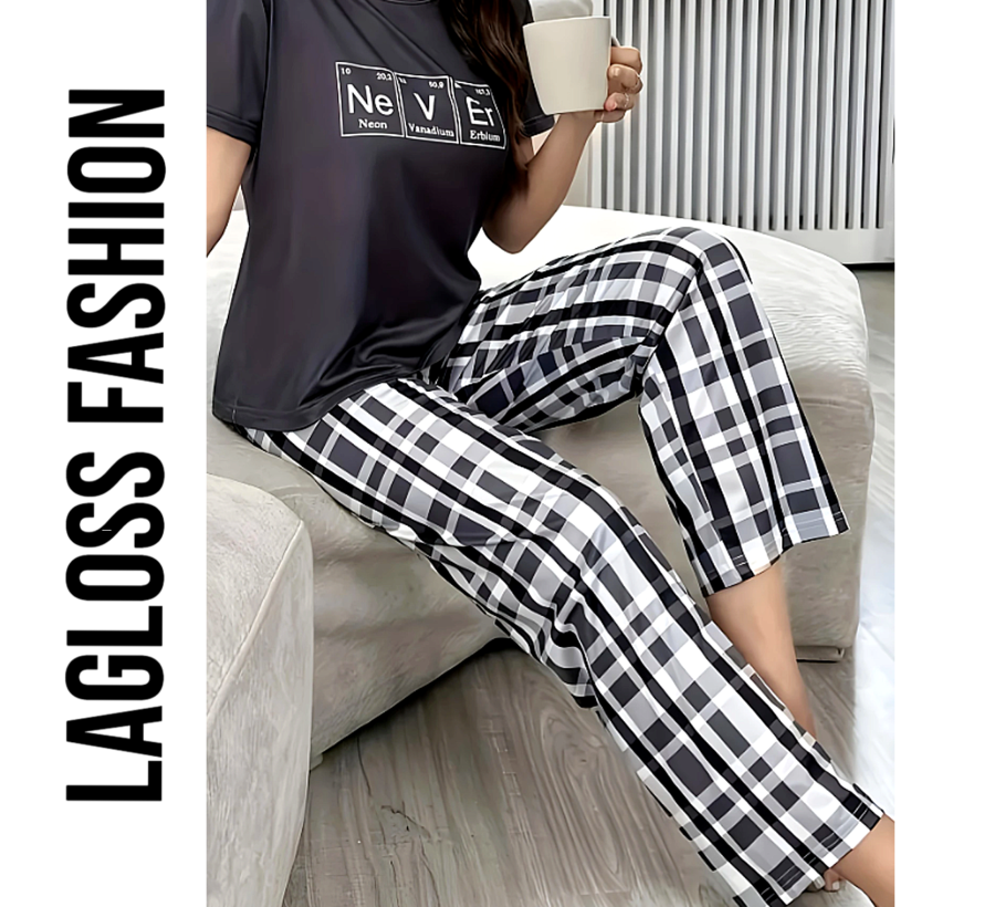 LaGloss® Pyjama Set voor Dames – Huispak met Geruite Broek – Zachte Lounge Pyjama Lente/Zomer Maat S