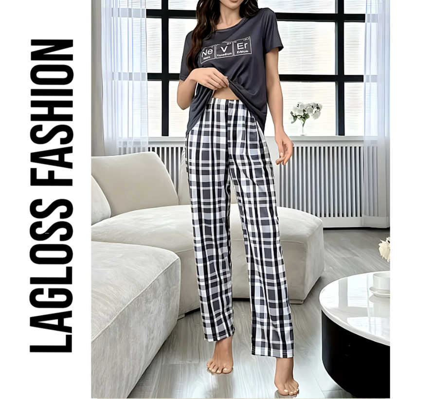 LaGloss® Pyjama Set voor Dames – Huispak met Geruite Broek – Zachte Lounge Pyjama Lente/Zomer Maat S