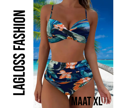 LaGloss LaGloss® 2-Delige Bikini Set met Bloemenpatroon – Hoge Taille & Geplooid Design – Dames Badmode Maat XL
