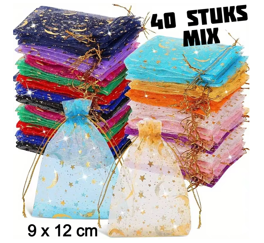 40x Organza Zakjes 9x12 cm Maan & Sterren Gouden Trekkoord – Cadeauzakjes voor Sieraden & Feesten – Mix Kleuren