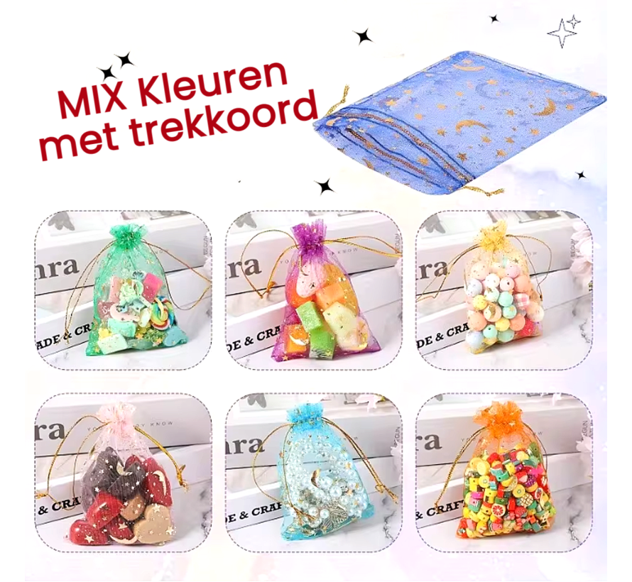 40x Organza Zakjes 9x12 cm Maan & Sterren Gouden Trekkoord – Cadeauzakjes voor Sieraden & Feesten – Mix Kleuren