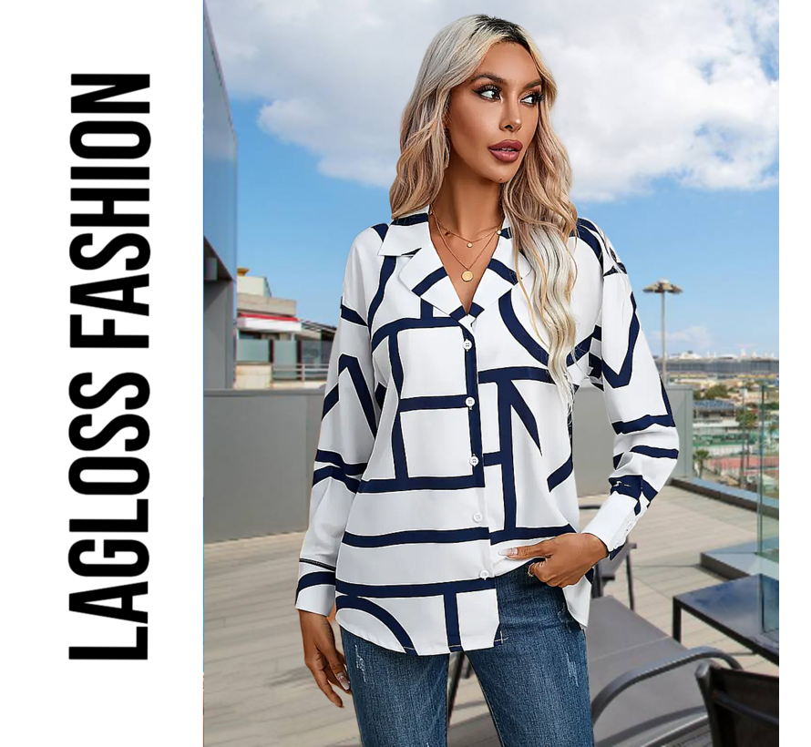 LaGloss® Casual Chique Geometrisch Overhemd Dames met Lange Mouw - Blouse Marineblauw & Wit - Maat M