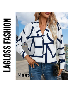 LaGloss Casual Chique Geometrische Dames Blouse met Lange Mouw Marineblauw & Wit - Maat L