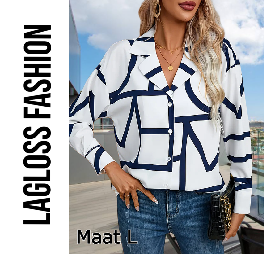 LaGloss® Casual Chique Geometrisch Overhemd Dames met Lange Mouw - Blouse Marineblauw & Wit - Maat L