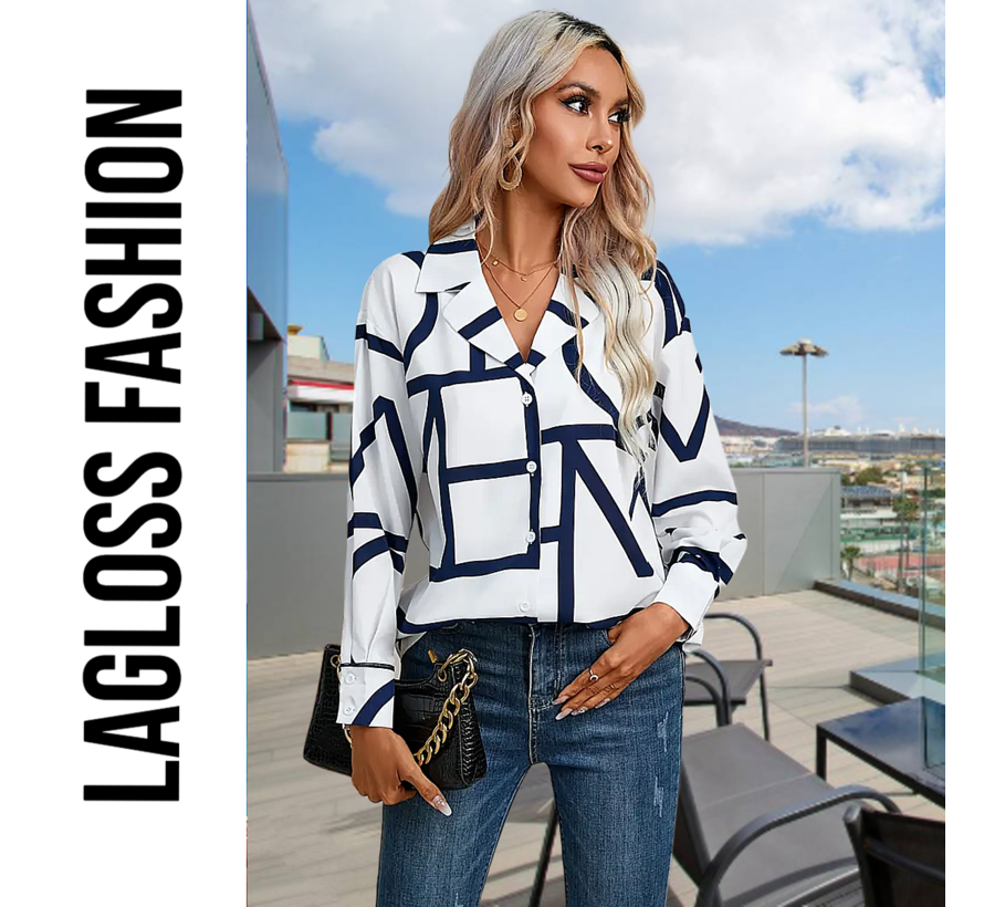 LaGloss® Casual Chique Geometrisch Overhemd Dames met Lange Mouw - Blouse Marineblauw & Wit - Maat XL