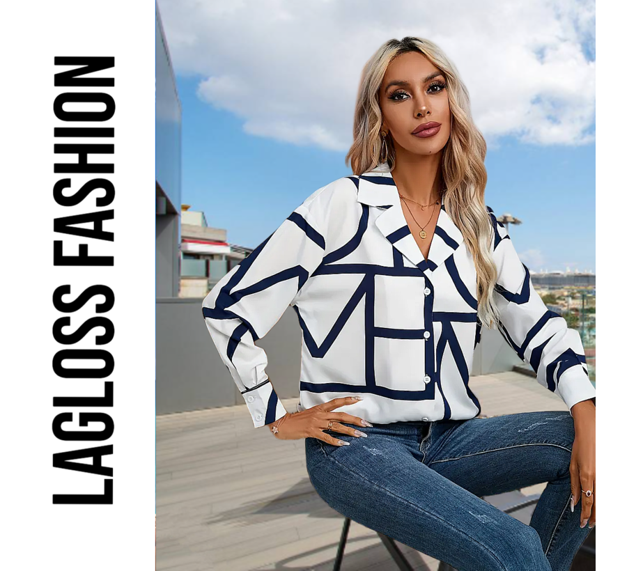 LaGloss® Casual Chique Geometrisch Overhemd Dames met Lange Mouw - Blouse Marineblauw & Wit - Maat XL