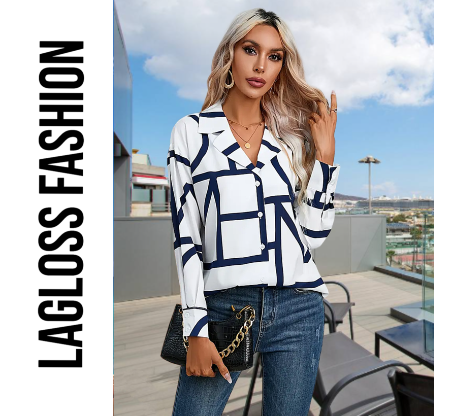 LaGloss® Casual Chique Geometrisch Overhemd Dames met Lange Mouw - Blouse Marineblauw & Wit - Maat XL