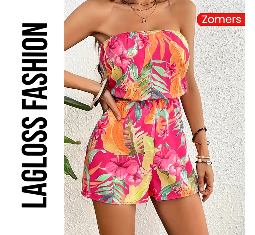 LaGloss® Jumpsuit Strapless Roze Bloemenprint - Zomer Badmode - Vakantie - Maat S %%