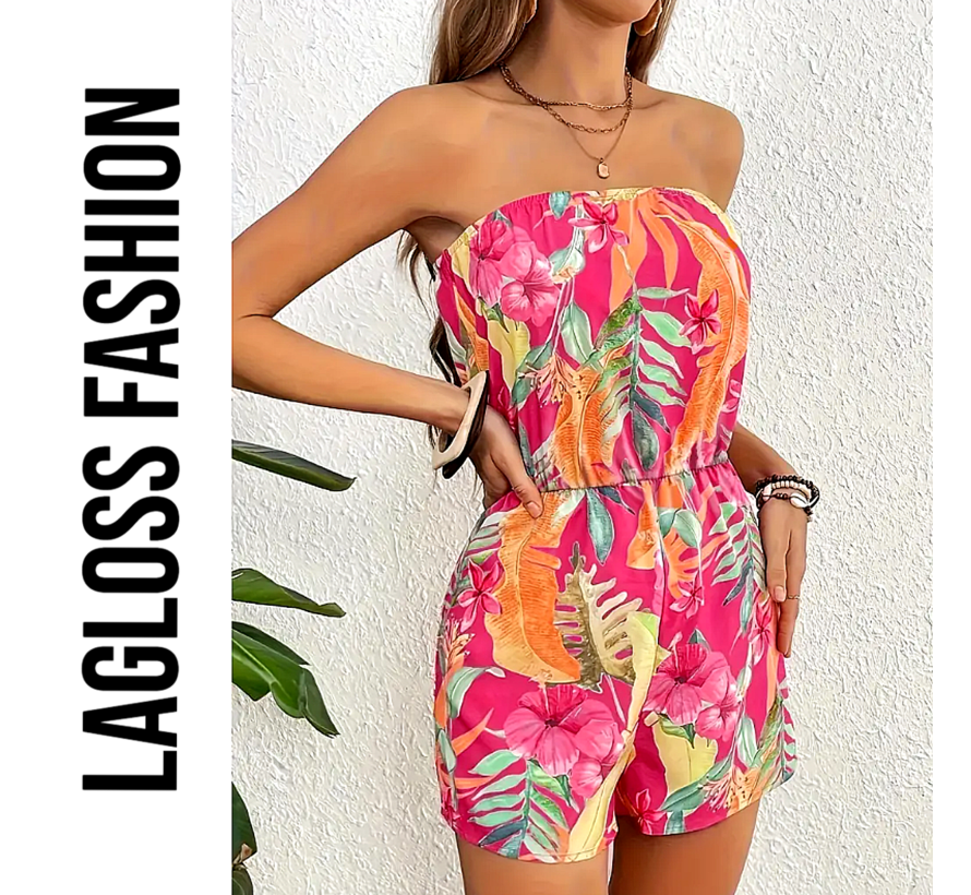 LaGloss® Jumpsuit Strapless Roze Bloemenprint - Zomer Badmode - Vakantie - Maat S %%