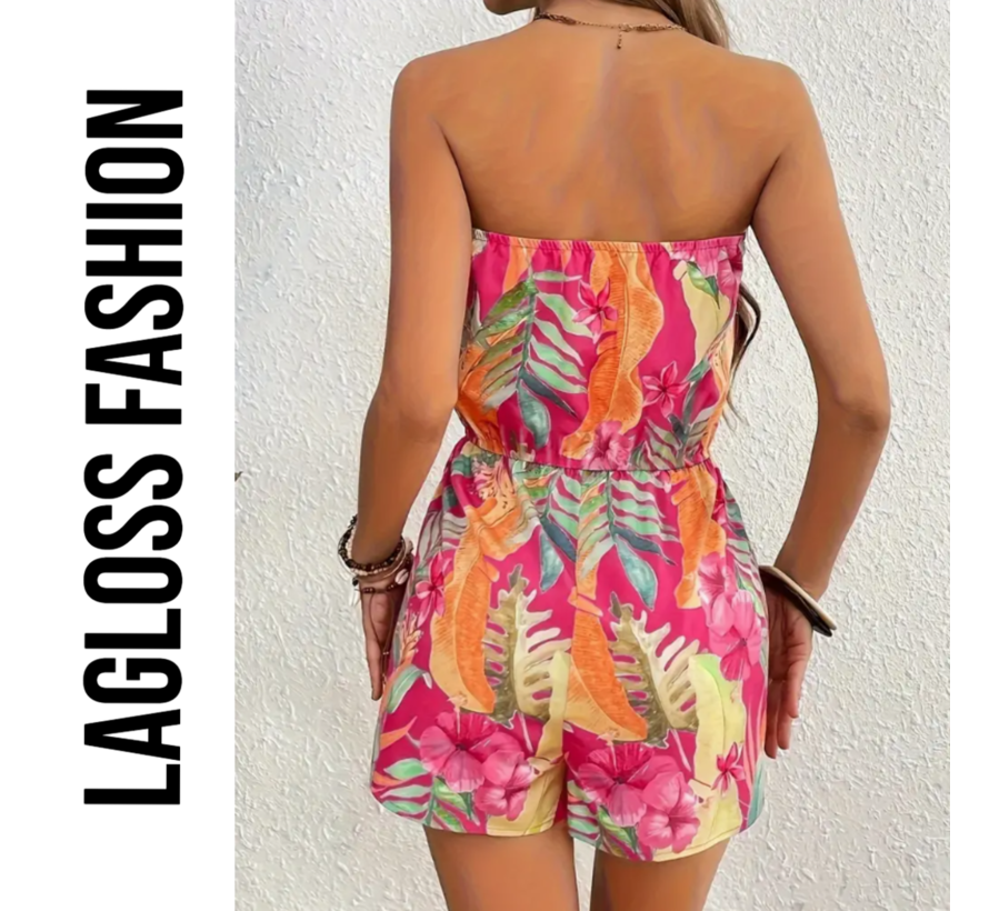 LaGloss® Jumpsuit Strapless Roze Bloemenprint - Zomer Badmode - Vakantie - Maat S %%