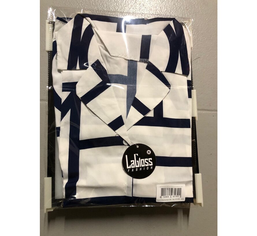 LaGloss® Casual Chique Geometrisch Overhemd Dames met Lange Mouw - Blouse Marineblauw & Wit - Maat L