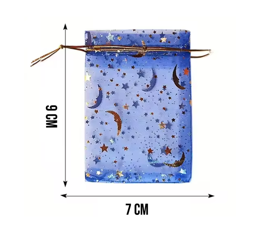 40x Organza Zakjes 9x7 cm Maan & Sterren Gouden Trekkoord – Cadeauzakjes voor Sieraden & Feesten – Mix Kleuren