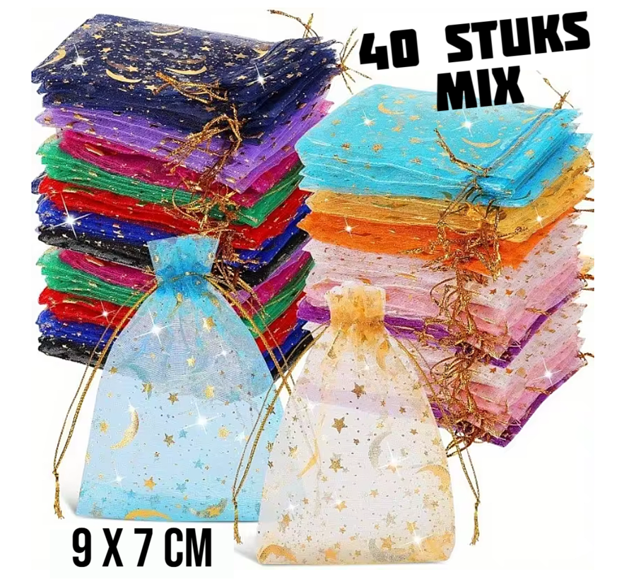40x Organza Zakjes 9x7 cm Maan & Sterren Gouden Trekkoord – Cadeauzakjes voor Sieraden & Feesten – Mix Kleuren