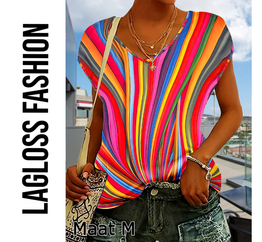 LaGloss® Dames Western Streep Tanktop – Kleurige V-Hals T-Shirt – Casual Korte Mouw Top – Lente/Zomer/Herfst – Licht Elastisch – Maat M