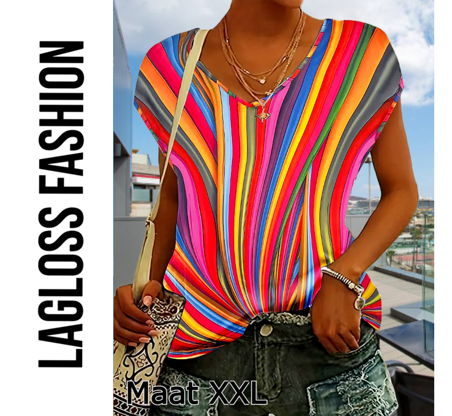 LaGloss® Dames Western Streep Tanktop – Kleurige V-Hals T-Shirt – Casual Korte Mouw Top – Lente/Zomer/Herfst – Licht Elastisch – Maat XXL