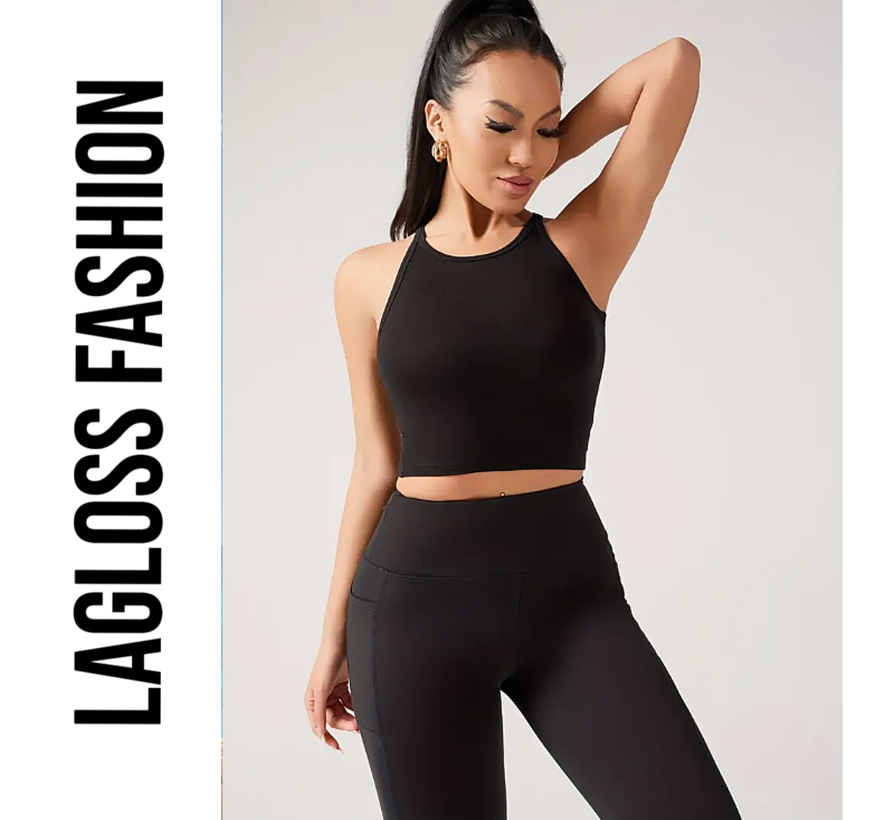 LaGloss® Dames Yoga Tanktop Zwart Katoen – Snel Droog Fitness Top met Ingebouwde BH – Ademend Sportshirt voor Yoga, Hardlopen & Gym – Maat L