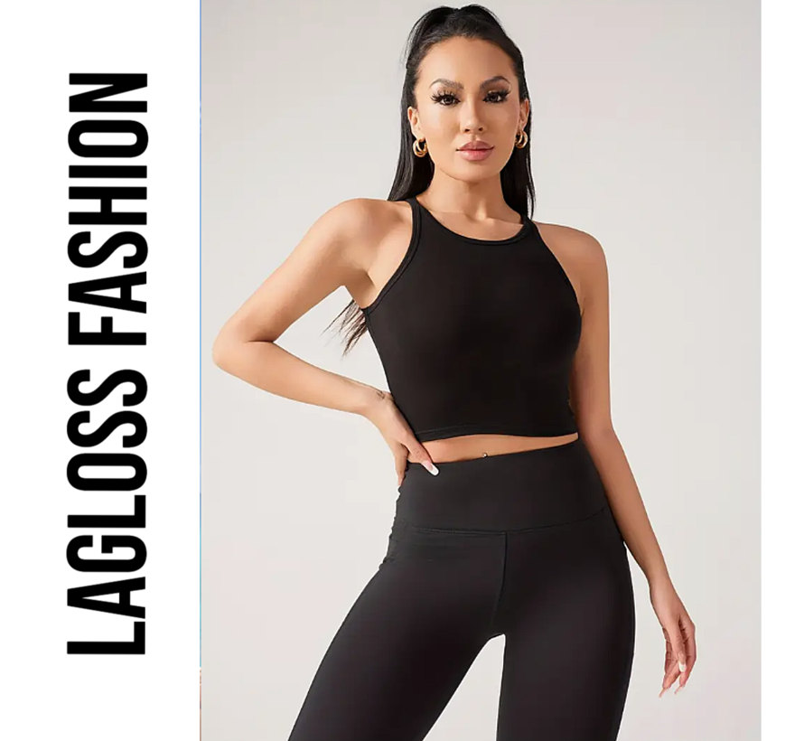 LaGloss® Dames Yoga Tanktop Zwart Katoen – Snel Droog Fitness Top met Ingebouwde BH – Ademend Sportshirt voor Yoga, Hardlopen & Gym – Maat XL