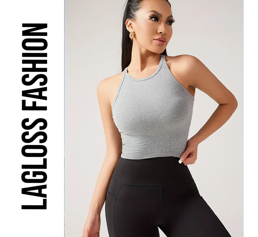 LaGloss® Dames Yoga Tanktop Grijs Katoen – Snel Droog Fitness Top met Ingebouwde BH – Ademend Sportshirt voor Yoga, Hardlopen & Gym – Maat S