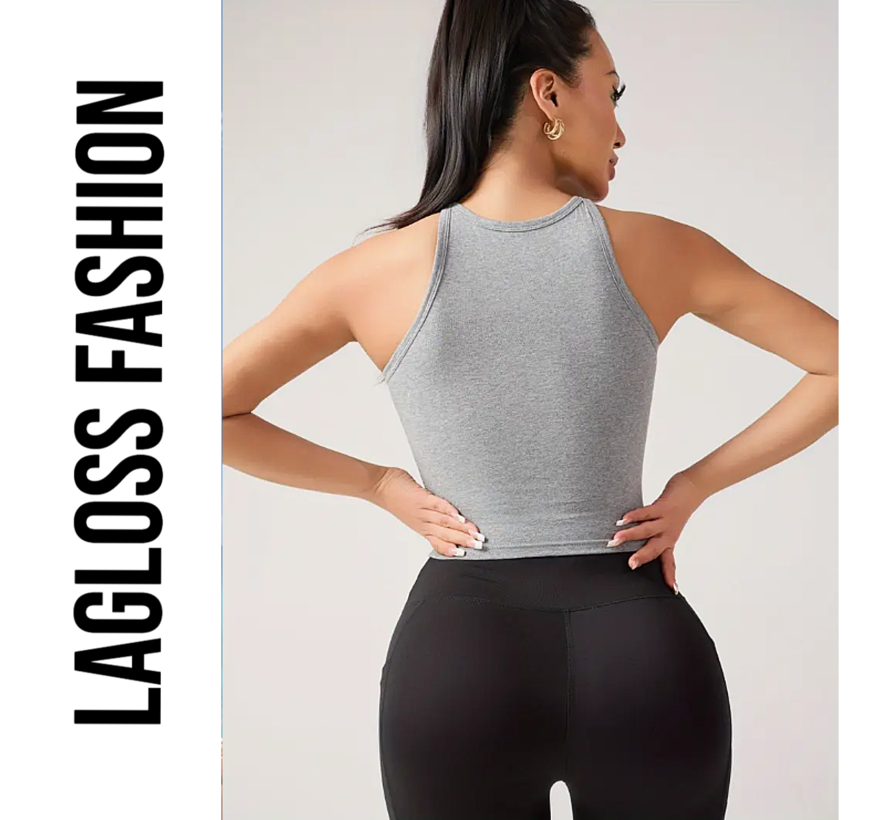 LaGloss® Dames Yoga Tanktop Grijs Katoen – Snel Droog Fitness Top met Ingebouwde BH – Ademend Sportshirt voor Yoga, Hardlopen & Gym – Maat S