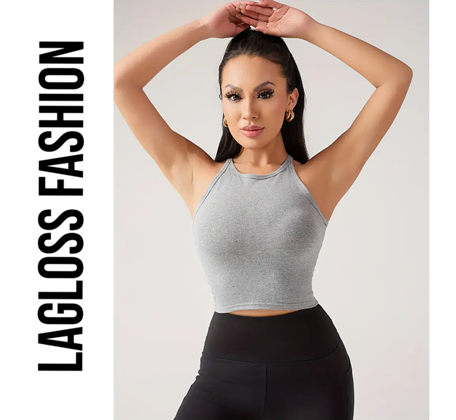 LaGloss® Dames Yoga Tanktop Grijs Katoen – Snel Droog Fitness Top met Ingebouwde BH – Ademend Sportshirt voor Yoga, Hardlopen & Gym – Maat S