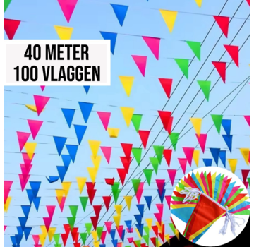 Allernieuwste.nl® 40 Meter Veelkleurige Vlaggenlijn Driehoekige Nylon Stoffen Slinger 100 Vlaggen