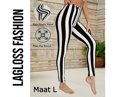 LaGloss Dames Hoge Taille Yoga Leggings Zwart & Wit Gestreept - Maat L