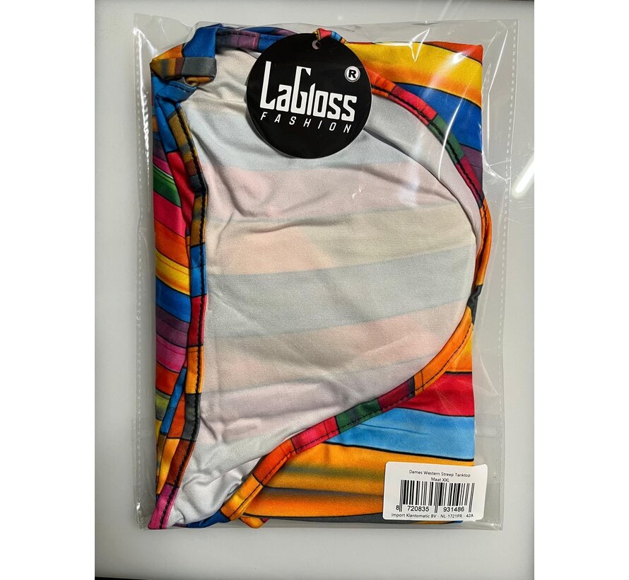 LaGloss® Dames Western Streep Tanktop – Kleurige V-Hals T-Shirt – Casual Korte Mouw Top – Lente/Zomer/Herfst – Licht Elastisch – Maat XXL