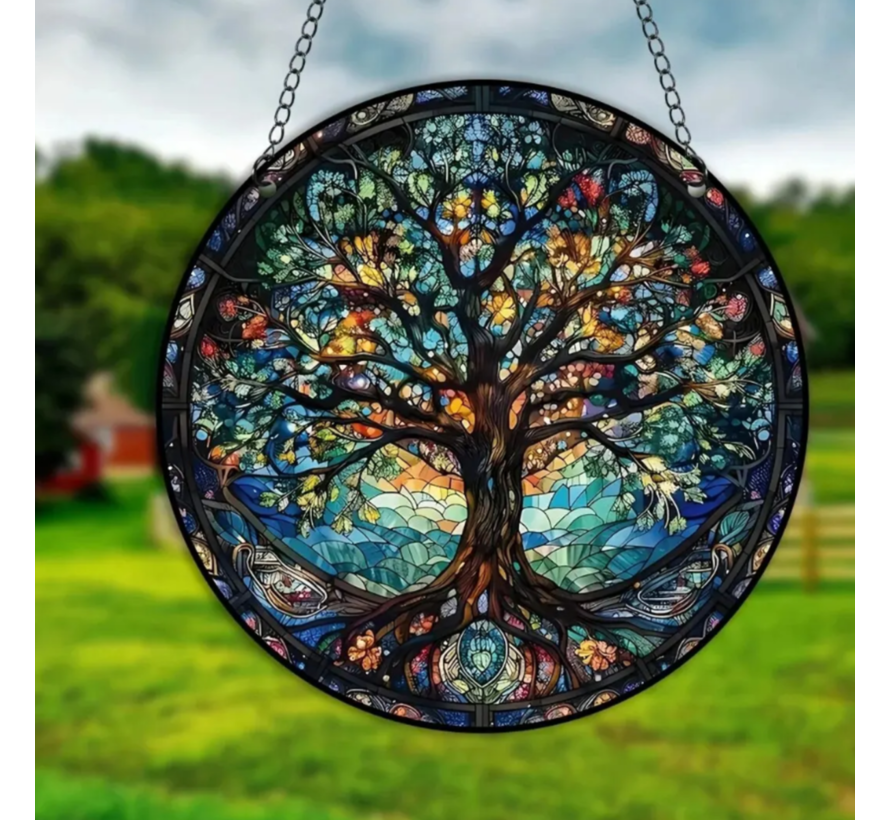 Allernieuwste.nl® Raamhanger Raamdecoratie Oude Levensboom - Kleurig - Hangend - Zonnevanger Rond Acryl - Suncatcher Rond model 15 cm
