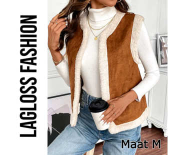 LaGloss Mouwloze Teddy Bodywarmer Bruin/Beige - Maat M