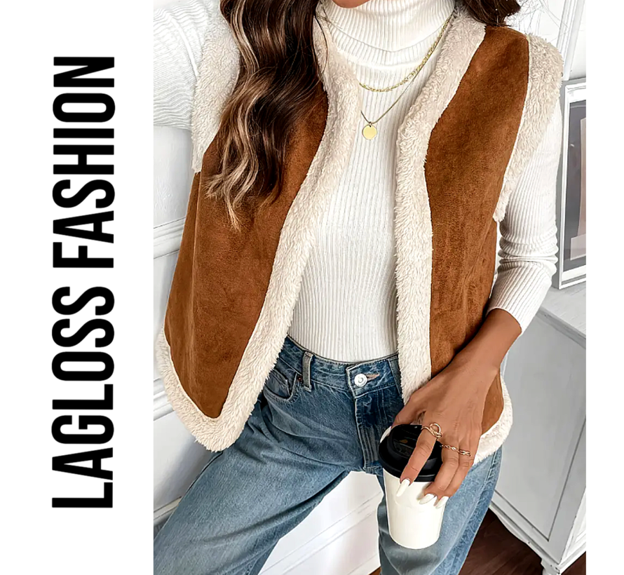LaGloss® Mouwloze Teddy Bodywarmer Bruin/Beige – Warme & Luchtige Gilet Vest – Herfst/Winter Laagjeslook – Tijdloos - Maat L