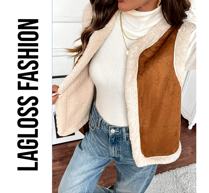 LaGloss® Mouwloze Teddy Bodywarmer Bruin/Beige – Warme & Luchtige Gilet Vest – Herfst/Winter Laagjeslook – Tijdloos - Maat XXL