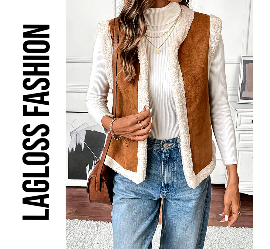 LaGloss® Mouwloze Teddy Bodywarmer Bruin/Beige – Warme & Luchtige Gilet Vest – Herfst/Winter Laagjeslook – Tijdloos - Maat XXL
