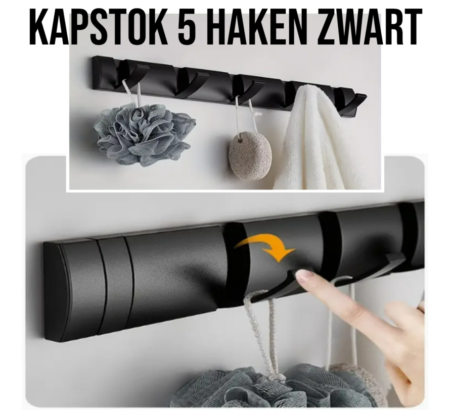 Moderne Aluminium Kapstok Zwart – 5 Opklapbare Haken – Ruimtebesparend & Duurzaam- Wandmodel 40x6 cm