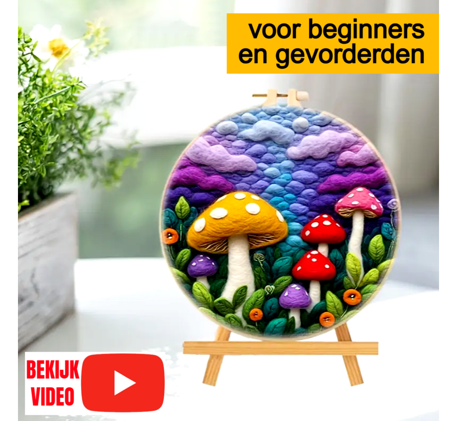 DIY Naaldvilt Wolvilt Pakket – Complete Starterset Paddestoelen– Met Wol, Naalden, Borduurring & Handleiding – Creatief Hobbypakket voor Beginners & Gevorderden