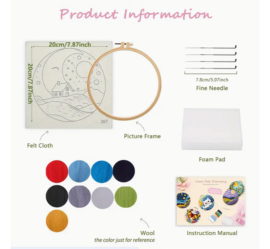 DIY Naaldvilt Wolvilt Pakket – Complete Starterset ‘Welterusten’– Met Wol, Naalden, Borduurring & Handleiding – Creatief Hobbypakket voor Beginners & Gevorderden