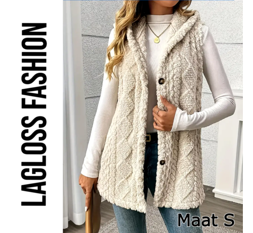 LaGloss LaGloss® Dames Elegante Pluchen Vestjas met Capuchon – Ruit Geometrisch Design – Zachte Teddy Herfst/Winter Bodywarmer – Mouwloos – Abrikoos Maat S