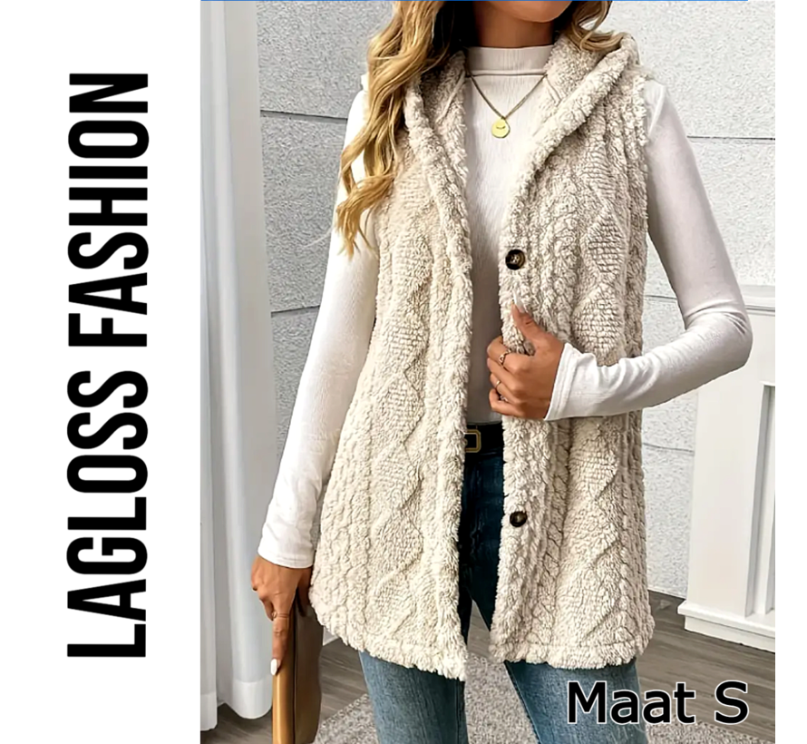 LaGloss® Dames Elegante Pluchen Vestjas met Capuchon – Ruit Geometrisch Design – Zachte Teddy Herfst/Winter Bodywarmer – Mouwloos – Abrikoos Maat S