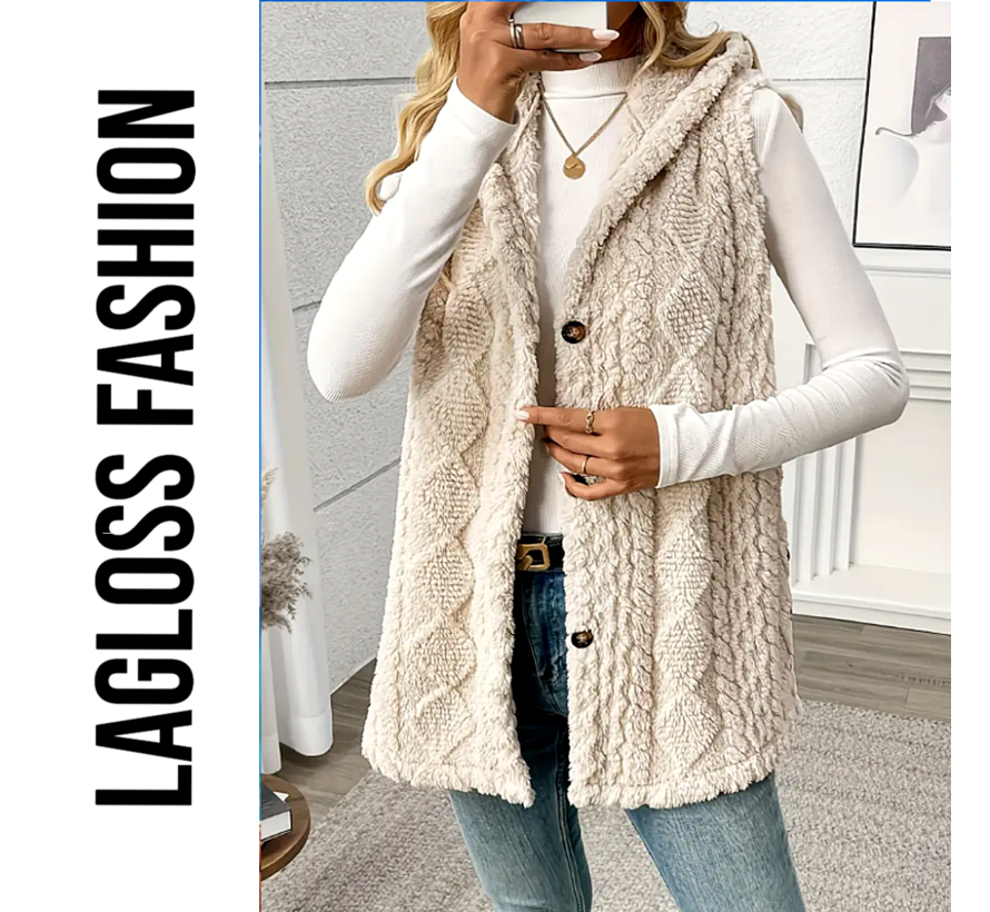 LaGloss® Dames Elegante Pluchen Vestjas met Capuchon – Ruit Geometrisch Design – Zachte Teddy Herfst/Winter Bodywarmer – Mouwloos – Abrikoos Maat XL