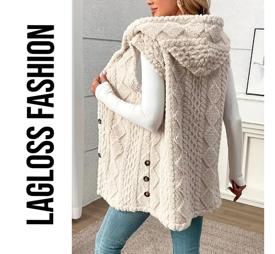 LaGloss® Dames Elegante Pluchen Vestjas met Capuchon – Ruit Geometrisch Design – Zachte Teddy Herfst/Winter Bodywarmer – Mouwloos – Abrikoos Maat XL